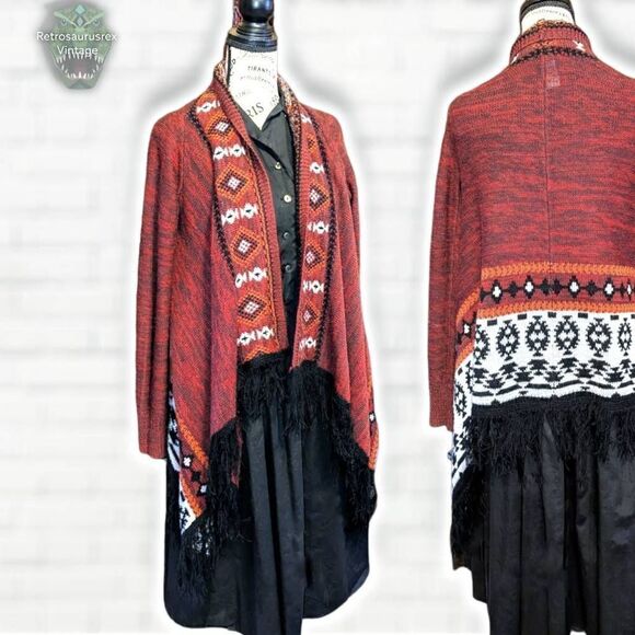 Maurices Bohemian Hippie Aztec Knit Fringe Open Waterfall Cardigan Sweater - Picture 1 of 5